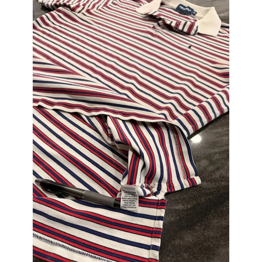 Ralph Lauren Polo Golf Shirt XXL White Red Navy Stripe Cotton Pony Pique Golf
